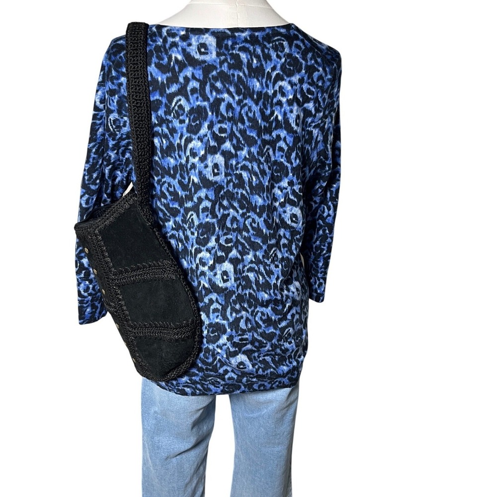 Merino Wool Leopard Cardigan Talbots Blue Black Animal‎ Print Classic Women L - Picture 4 of 13
